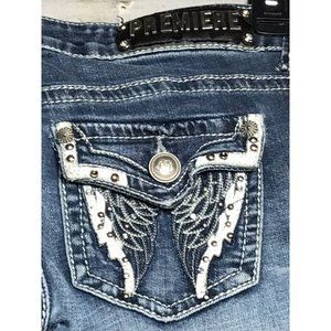 PREMIERE Womens Blue Stretch Embellished Medium Wash Low Rise Denim 5/6 R